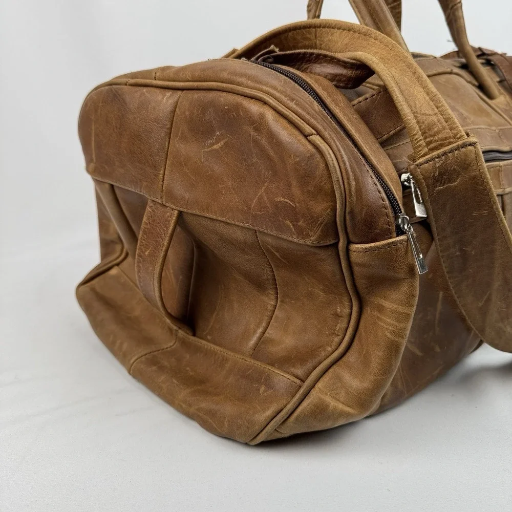 Vtg Tan Leather Duffle Bag Travel Weekender Gym Luggage Side Grab Handles 22